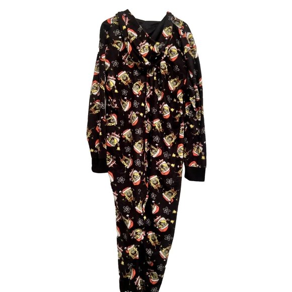 Christmas SpongeBob Squarepants PJs Comfy One Piece Black Loungewear w Hood NEW - Picture 7 of 14